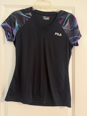 FILA Black V-Neck Athletic Tee with Purple & Blue Patterned Sleeves